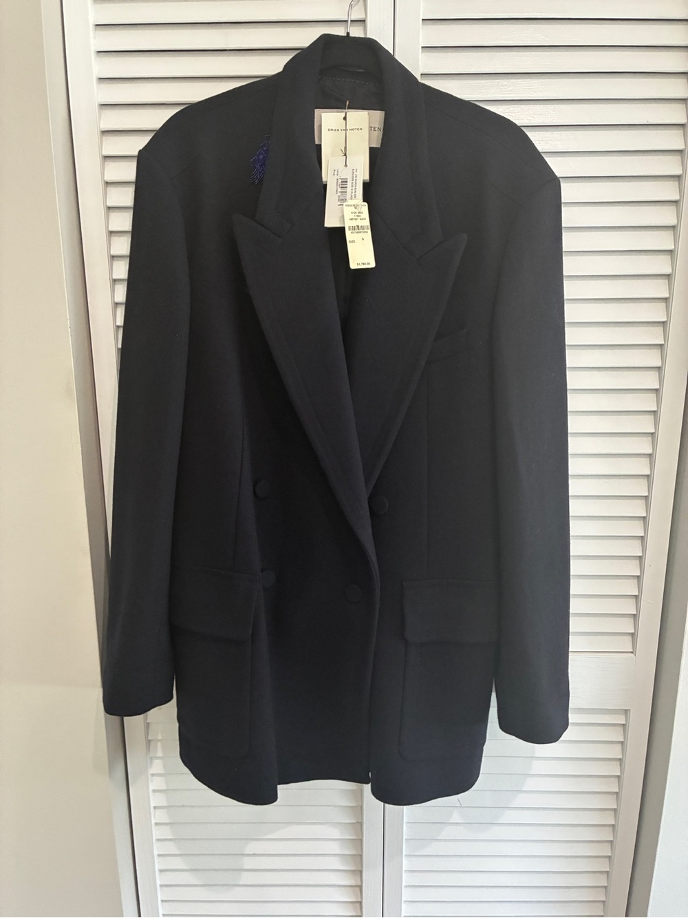 Dries Van Noten Navy Double-Breasted Wool Coat